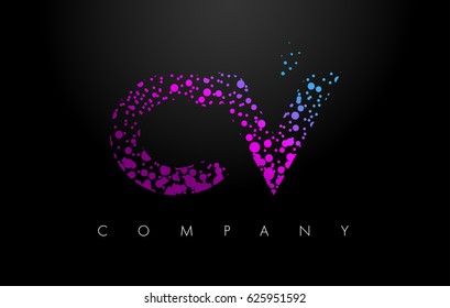 CV C V Letter Logo with Purple Blue Particles and Bubble Dots Design Vector.