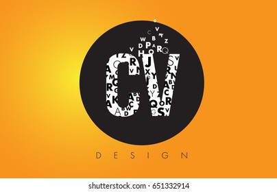 CV C V Logo Design Made of Small Letters with Black Circle and Yellow Background.