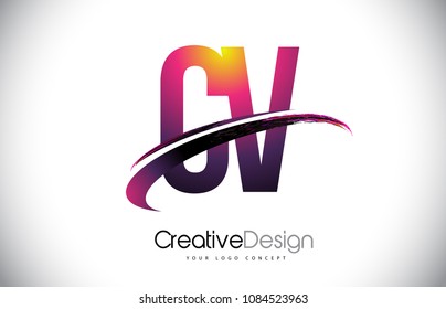 CV C V Purple Letter Logo with Swoosh Design. Creative Magenta Modern Letters Vector Logo Illustration.