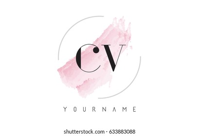 CV C V Watercolor Letter Logo Design with Circular Shape and Pastel Pink Brush.