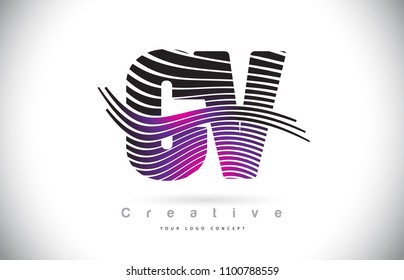 CV C V Zebra Texture Letter Logo Design With Creative Lines and Swosh in Purple Magenta Color Vector.