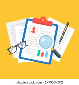 CV. Candidate application form, applicant resume. Employment, job interview concepts. Clipboard with CV, documents, magnifying glass, glasses, pen. Top view. Flat design. Vector illustration