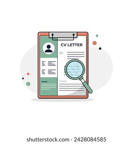 Cv en Portapapeles con una lupa Vector Ilustración. Diseño de Concepto de Contratación de Empleo