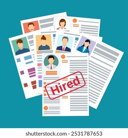 Currículo conceito Cv com foto, documentos. Contratação de trabalhadores. Pesquisando a equipe profissional. CV. Selecionando equipe. ilustração vetorial em design plano