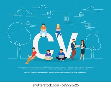 CV Concept Vector Illustration Of Business People Using Devices For Job Searching And Hiring. Flat Concept Design Of Young Men And Women Fullfilling Online And Sending Cv Form Using Laptop