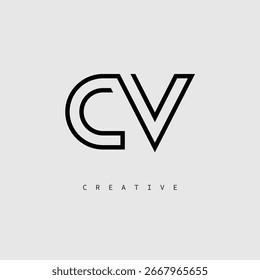 CV Creative Letter Logo - Monograma de linha mínima em contorno preto para design de identidade de marca moderno.