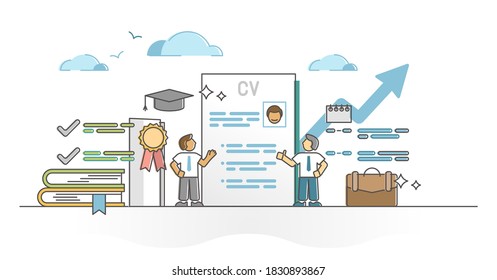 CV Curriculum Vitae Resume About Candidate Education, Skills And Career Experience Outline Concept. Recruitment And Hiring Process With Employee Interview And Personality Research Vector Illustration.