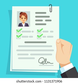 Cv document. Qualification personal documentation with girl avatar vector concept. Interview personal document in hand illustration