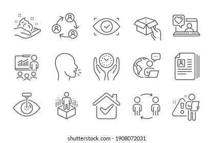 Cv documents, Hold box and Cough line icons set. Augmented reality, Presentation and Biometric eye signs. Teamwork, Skin care and Safe time symbols. Eye laser, Workflow and Friends chat. Vector