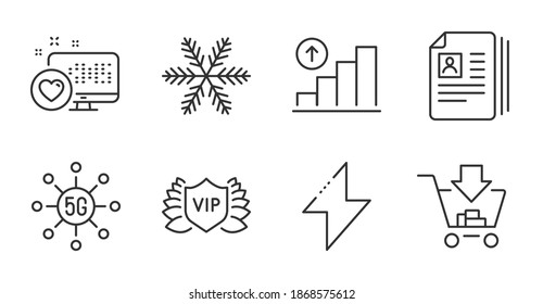 Cv documents, Vip security and Snowflake line icons set. Graph chart, Heart and Energy signs. 5g technology, Shopping symbols. Portfolio files, Exclusive privilege, Air conditioning. Vector