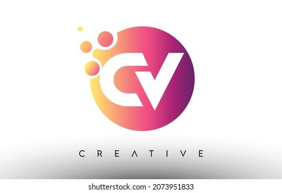 CV Dots Bubbles Letters in a Circle. CV Letter Design Logo with Purple Orange Colors Vector Illustration.