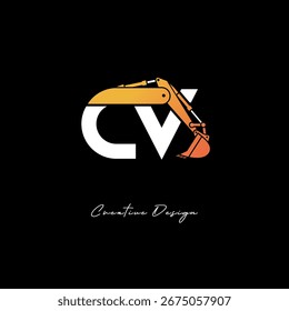 CV Excavator Arm Construction Logo - Bold Industrial Letter mark Design for Heavy Equipment, Contractor Branding and Modern Engineering Identity