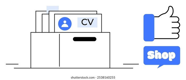 CV pasta com perfis de usuário e um polegares para cima símbolo ao lado de uma bolha de palavra com texto de loja. Ideal para aplicativos de trabalho, compras on-line, gerenciamento de perfil de usuário, engajamento em mídias sociais e comércio eletrônico