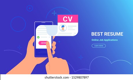 CV fulfilling and sending online using mobile app. Vector gradient illustration of human hand holding smartphone with complete resume flying out of screen for reviewing and sending to the employer