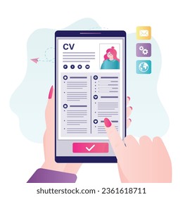 CV fulfilling and sending online using mobile app. Woman hand holding smartphone with complete resume for reviewing and sending to the employer or HR agency. flat vector illustration