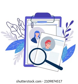 CV, gestión de recursos humanos y concepto de banner de contratación con currículum vítae de candidatos de trabajo bajo lupa. Entrevista laboral, agencia de reclutamiento, ilustración plana vectorial aislada en fondo blanco.