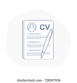 CV icon concept, Curriculum Vitae, Resume symbol. Document and pen. Flat outline vector illustration sign, business, Job Searching and Hiring template.