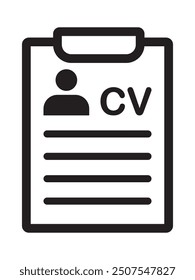 Icono de CV. Currículum personal. Solicitar un trabajo. Entrevista de trabajo. Icono de Vector aislado sobre fondo blanco. Currículum. Búsqueda de empleo, recursos humanos, curriculum vitae, concepto de contratación de recursos humanos, estilo plano.