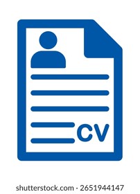 ícone CV. Retomar pessoa. Candidatando-se a um emprego. Entrevista de emprego. Ícone de vetor isolado no fundo branco. CV Currículo. Procura de emprego, recursos humanos, curriculum vitae, conceito de recrutamento hr, estilo plano azul.