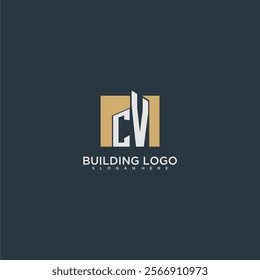 CV initial letter building logo for real estate with square design