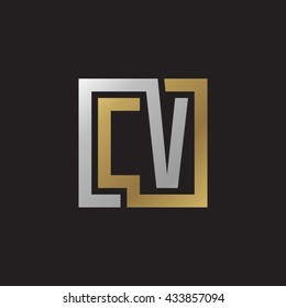 CV initial letters looping linked square elegant logo golden silver black background