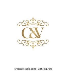 C&V Initial logo. Ornament ampersand monogram golden logo