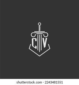 CV initial monogram law firm with sword and pillar logo design