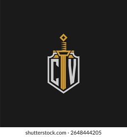 CV monograma inicial para imagem de escudo e espada
