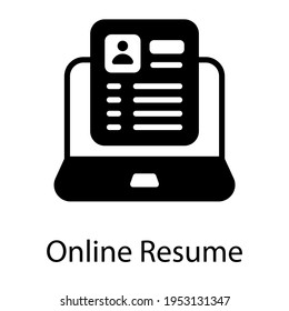 Cv inside laptop, online resume glyph icon