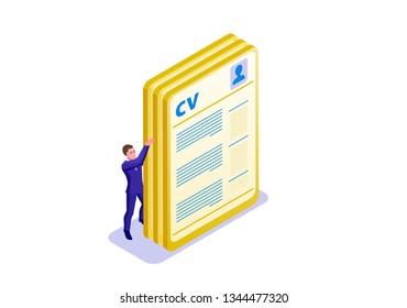 CV isometric infographic template with 3d man holding a4 format paper with biography or resume, employer hiring talent worker, candidate search work, office business people, vector illustration