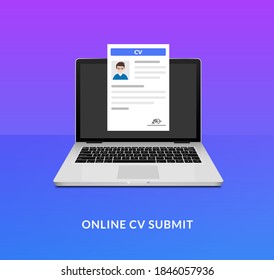 CV laptop send icon. Open application desk cv form vector submit