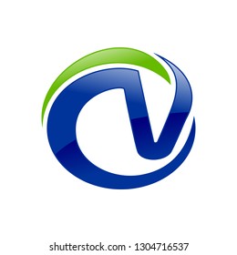 CV Letter Initials Blue Cricle Green Swoosh Symbol Design