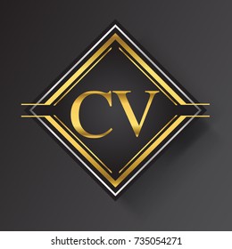 CV Letter logo in a square shape gold and silver colored geometric ornaments. Vector design template elements for your business or company identity.