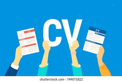CV letters concept vector illustration of business people searching job and hiring. Flat human hands hold white letters and fullfilled cv papers on blue background