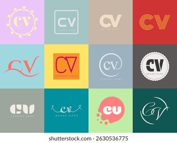 CV logo company template. Letter c and v logotype. Set different classic serif lettering and modern bold text with design elements. Initial font typography. Collection trendy business identity.