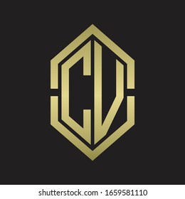 CV Logo monogram with hexagon shape and outline slice style with gold colors
