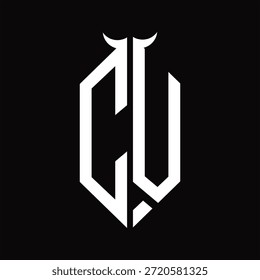 Monograma CV Logo com forma de chifre isolado preto e branco modelo de design em fundo preto