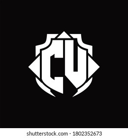 Monograma del logotipo CV con línea de protección y plantilla de diseño de 3 flechas sobre fondo negro