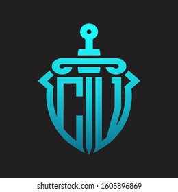 CV Logo monogram with sword and shield combination isolated blue colors gradient