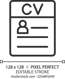 CV pixel perfect linear icon. Candidate information. Knowledge, skills and experience. Worker qualification. Resume. Thin line illustration. Contour symbol. Vector outline drawing. Editable stroke