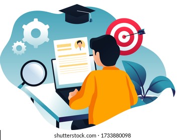 CV preparation vector illustration. Man preparing cv, searching for job background. 