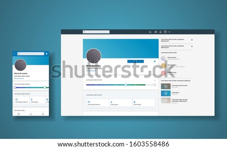 CV profile inspired by Linkedin style app. Responsive interface design for smartphone and web. Social media for search offer, employee, work or Jobs in. Linked Vector illustration.