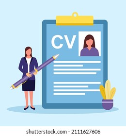 CV resume concept vector illustration. Woman candidate holding big pen writing CV in flat design.