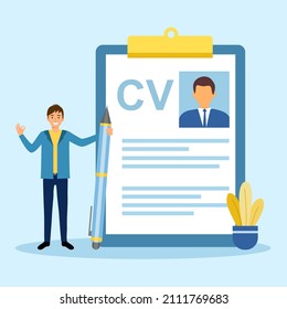 Ilustración vectorial de concepto de currículum vítae. Hombre candidato sostiene un gran currículum de escritura con diseño plano.