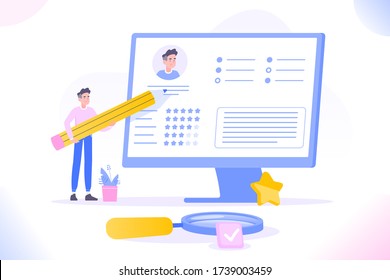 CV or resume concept. Young man filling out resume form on huge monitor and looking for job. Filling details into resume, hiring employees. Looking for job, unemployment concept, vector illustration