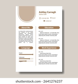 CV Resume design template for Chef, includes contact information, resume summary or objective, work experience, education, and skills