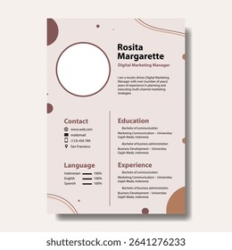 CV Resume design template for Digital Marketing Manager, includes contact information, resume summary or objective, work experience, education, and skills