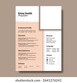 CV Resume design template for Photographer, includes contact information, resume summary or objective, work experience, education, and skills
