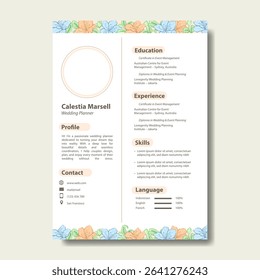 CV Resume design template for Wedding Planner, includes contact information, resume summary or objective, work experience, education, and skills