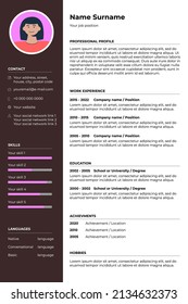 CV Resume Form Template For Job Search. Curriculum Vitae Interview Sample Blank Document With Woman Photo. Page Design Filling Out Example For Work Vacancy. Vector Eps Illustration